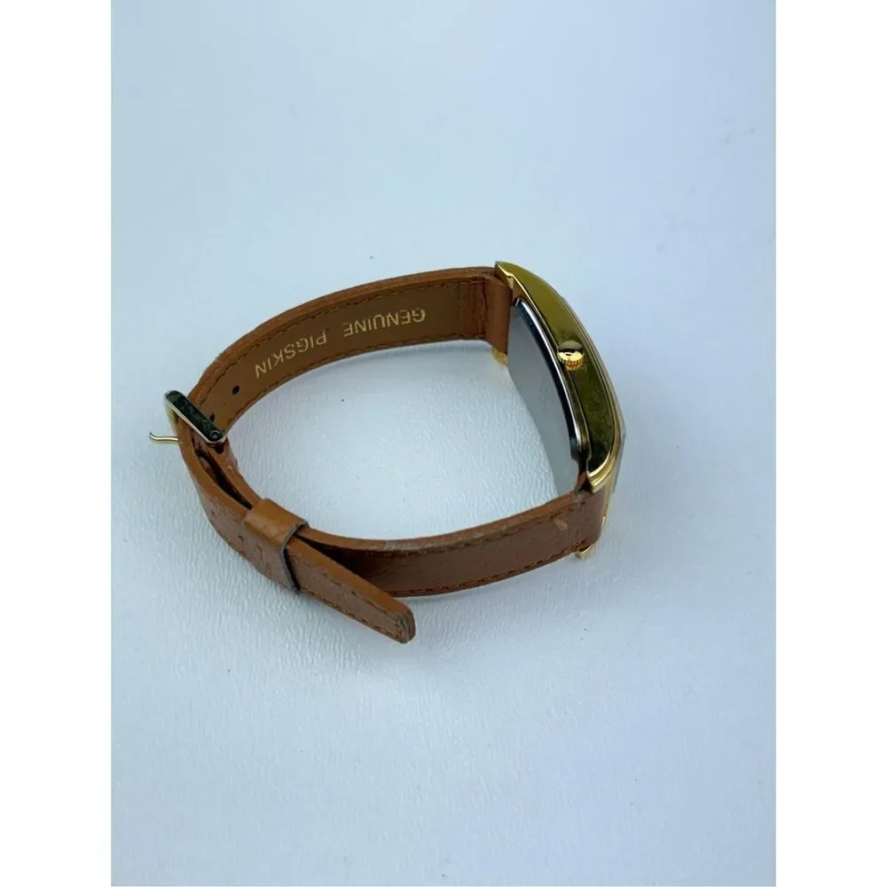 VTG USN Classic Quartz Watch Gold Tone Curved Long Rectangle Genuine Leather EM2